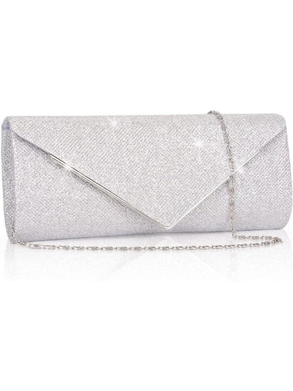 Women's Silver Sparkling Envelope Purse Detachable Chain Evening Bag